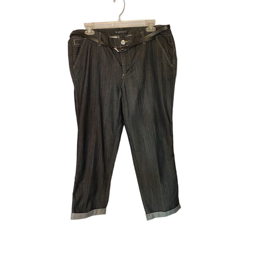 NWOT Baccini Belted Denim Crop Pants, size 12, 5 pocket jeans, cuffed hem.